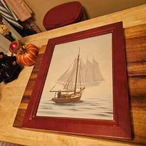 framed Frederick fields nautical scene with fisherman and sailboat